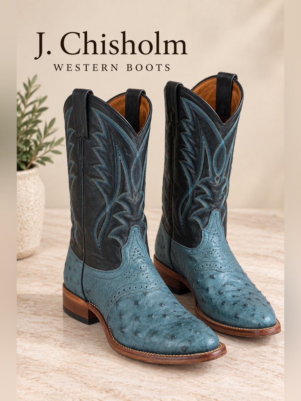 J. Chisholm Blue Ostrich Leather Western Cowboy Boots Women's 7 M